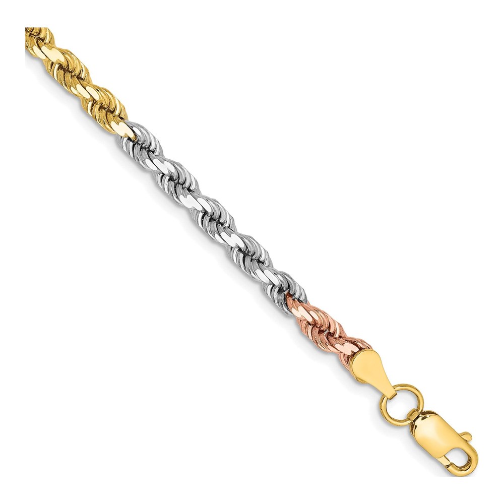 14K Tri-Color Gold 4mm Diamond-Cut Rope Chain Bracelet