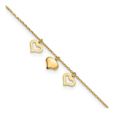 10K Yellow Gold Triple Heart Dangle Anklet