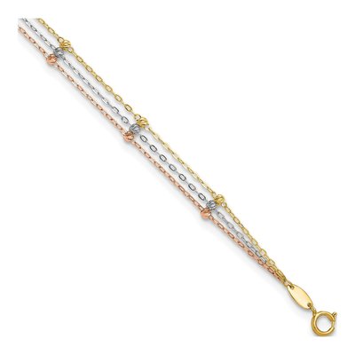 10K Tri-Color Gold 0.6mm Semi-Solid Diamond-Cut Beaded 3-Strand Cable Chain Anklet