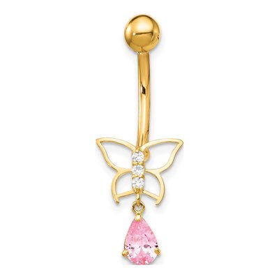 10K Yellow Gold Pink CZ Butterfly Belly Ring – view 4