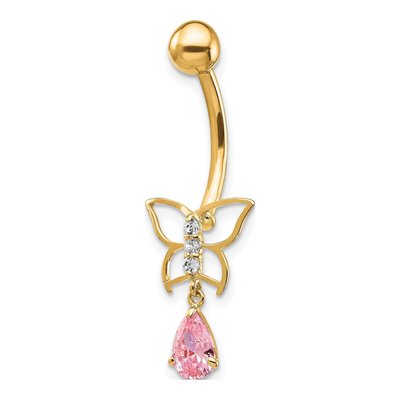 10K Yellow Gold Pink CZ Butterfly Belly Ring