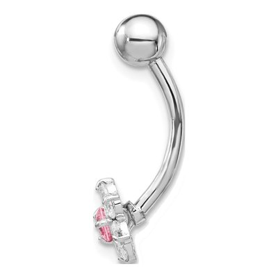 10k White Gold CZ Flower Belly Ring, Pink Center – view 3
