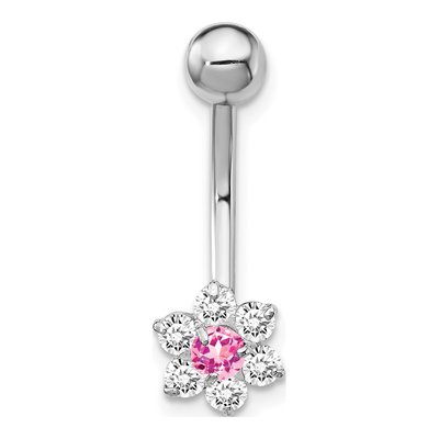 10k White Gold CZ Flower Belly Ring, Pink Center – view 4