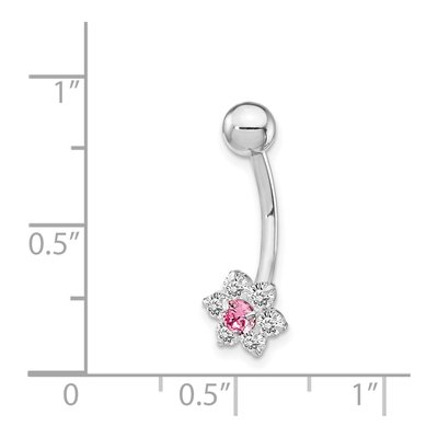 10k White Gold CZ Flower Belly Ring, Pink Center – view 5