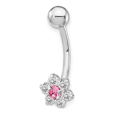 10k White Gold CZ Flower Belly Ring, Pink Center