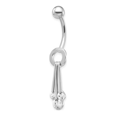 10K White Gold CZ 3-Stone Belly Dangle Ring