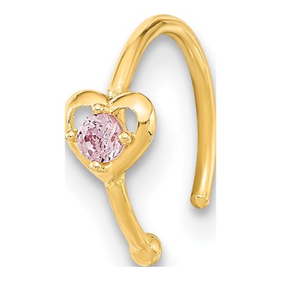 10K Yellow Gold 20 Gauge Heart CZ Nose Ring Hoop