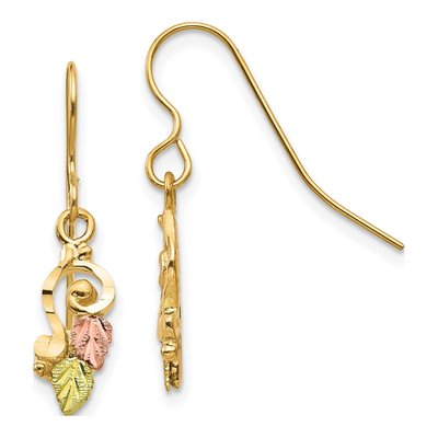 10K Tri-Color Gold Black Hills Leaf Scroll Dangle Earrings