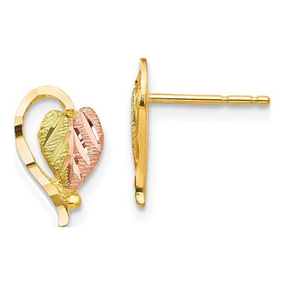 10K Tri-Color Gold Black Hills Heart Leaf Stud Earrings