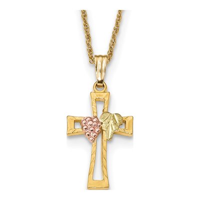 10K Tri-Color Gold Black Hills Grapes Leaf Cross Pendant Necklace