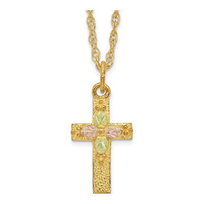 10K Tri-Color Gold Black Hills Leaves Cross Pendant Necklace