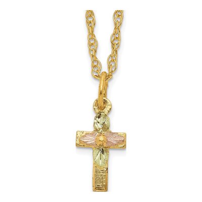 10K Tri-Color Gold Black Hills Leaves Cross Pendant Necklace