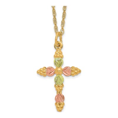 10K Tri-Color Gold Black Hills Grapes Leaves Cross Pendant Necklace