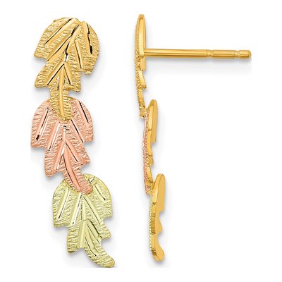 10K Tri-Color Gold Black Hills 3-Leaves Dangle Earrings