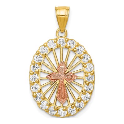 10K Two-Tone Gold CZ Cross Oval Pendant