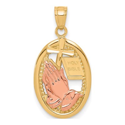 10K Two-Tone Gold Praying Hands Cross Pendant