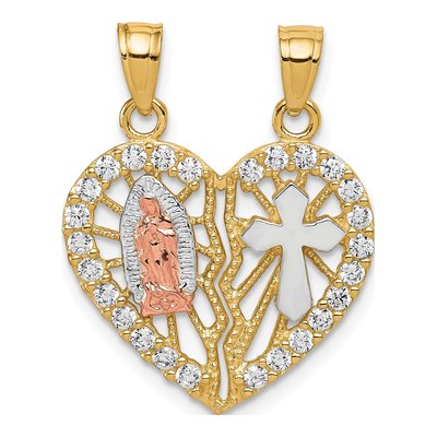 10K Two-Tone Gold CZ Guadalupe Cross Break-Apart Pendant