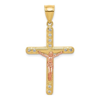 10K Two-Tone Gold CZ Crucifix Pendant