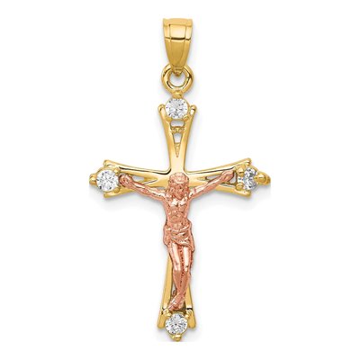 10K Two-Tone Gold CZ Crucifix Pendant