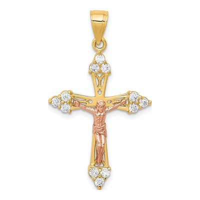 10K Two-Tone Gold CZ Crucifix Pendant