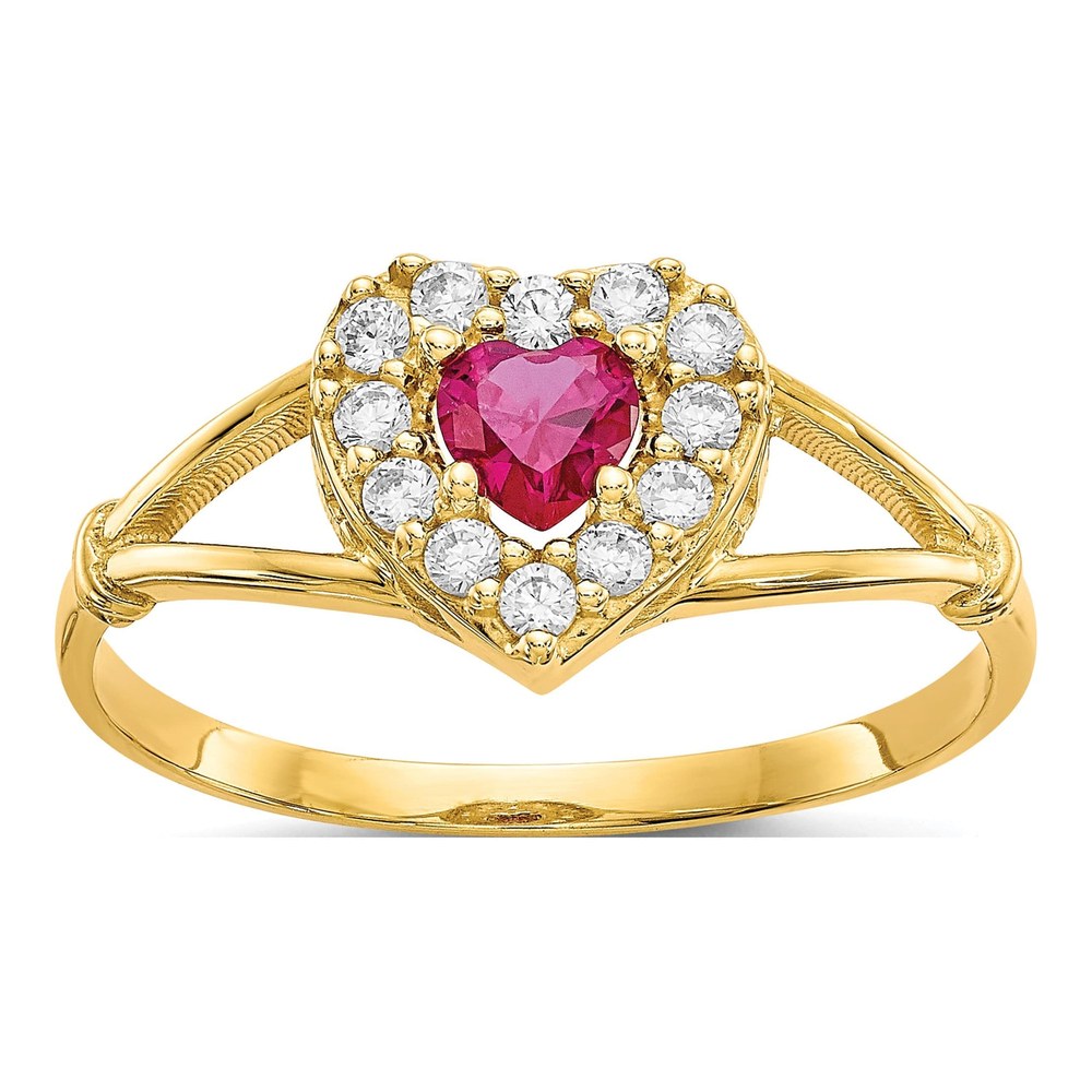 10K Yellow Gold Red & White CZ Heart Halo Ring
