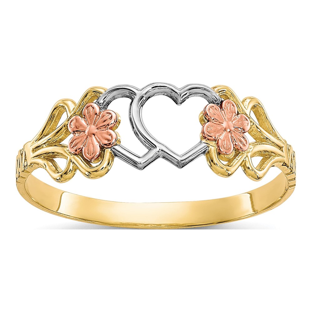 10K Two-Tone Gold Double Heart & Flowers Ring