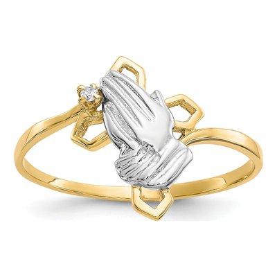 10K Yellow Gold CZ Praying Hands Cross Ring