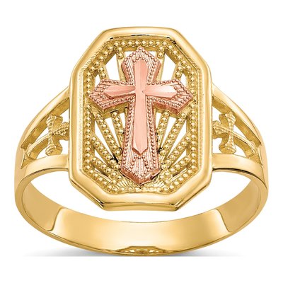 10K Two-Tone Gold Filigree Cross Ring