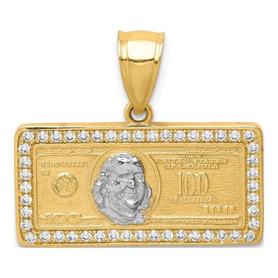 10K Yellow Gold CZ Micropave $ Bill Pendant