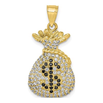 10K Yellow Gold CZ Money Bag Dollar Sign Pendant