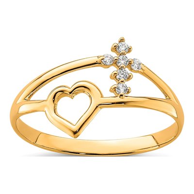 10K Yellow Gold CZ Heart Cross Ring