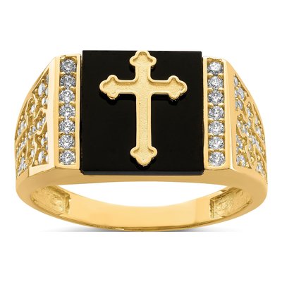 Men's 10K Yellow Gold Onyx & CZ Cross Ring