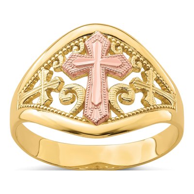 10K Two-Tone Gold Filigree Cross Ring