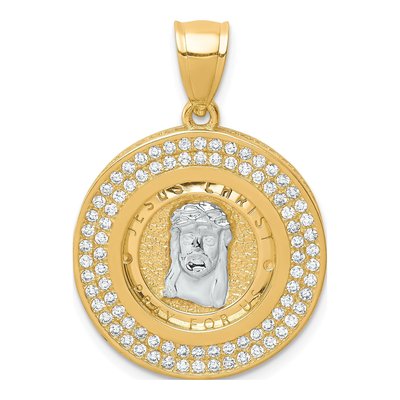 10K Yellow Gold CZ Jesus Face Medal Pendant