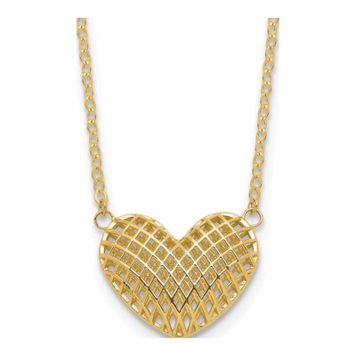 10K Yellow Gold Hollow Basketweave Heart Necklace