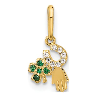 10K Yellow Gold Clover CZ Horseshoe Hamsa Pendant