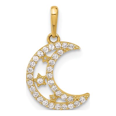 10K Yellow Gold CZ Moon Stars Pendant