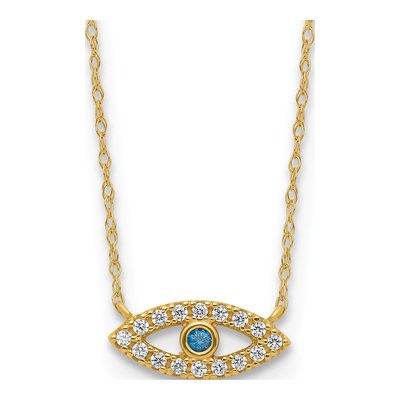 10K Yellow Gold Blue CZ Evil Eye Necklace