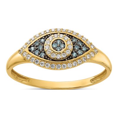 10K Yellow Gold Blue CZ Evil Eye Ring