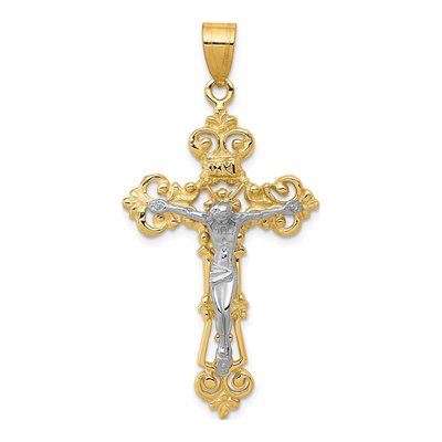 10K Two-Tone Gold INRI Fleur de Lis Crucifix Pendant