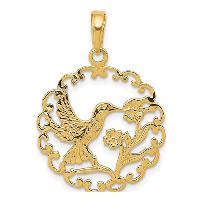 10K Yellow Gold Hummingbird Flower Pendant