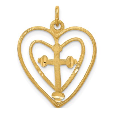 10K Yellow Gold Cross Double Heart Charm