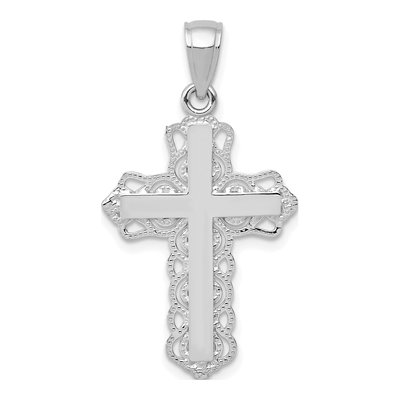 10K White Gold Lace Trim Cross Pendant