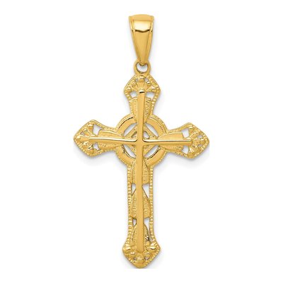 10K Yellow Gold Stick Cross on Ornate Pendant
