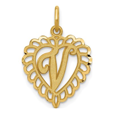 10K Yellow Gold Heart Initial V Charm