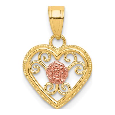 10K Two-Tone Gold Flower Heart Pendant