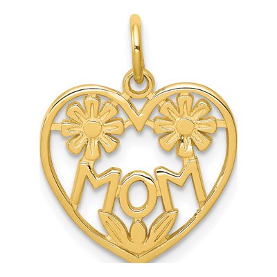 10K Yellow Gold MOM Heart Flowers Charm