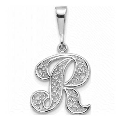 10K White Gold Filigree Initial R Pendant