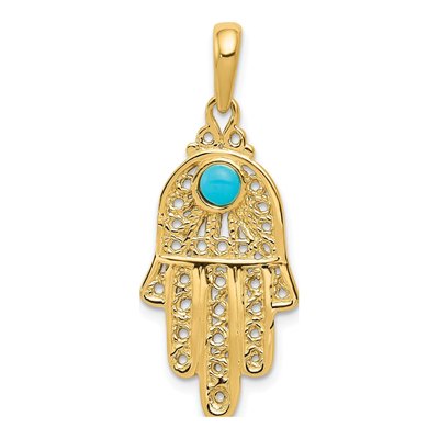 10K Yellow Gold Turquoise Filigree Chamseh Pendant