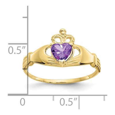 10K Yellow Gold Purple CZ Claddagh Heart Ring – view 4
